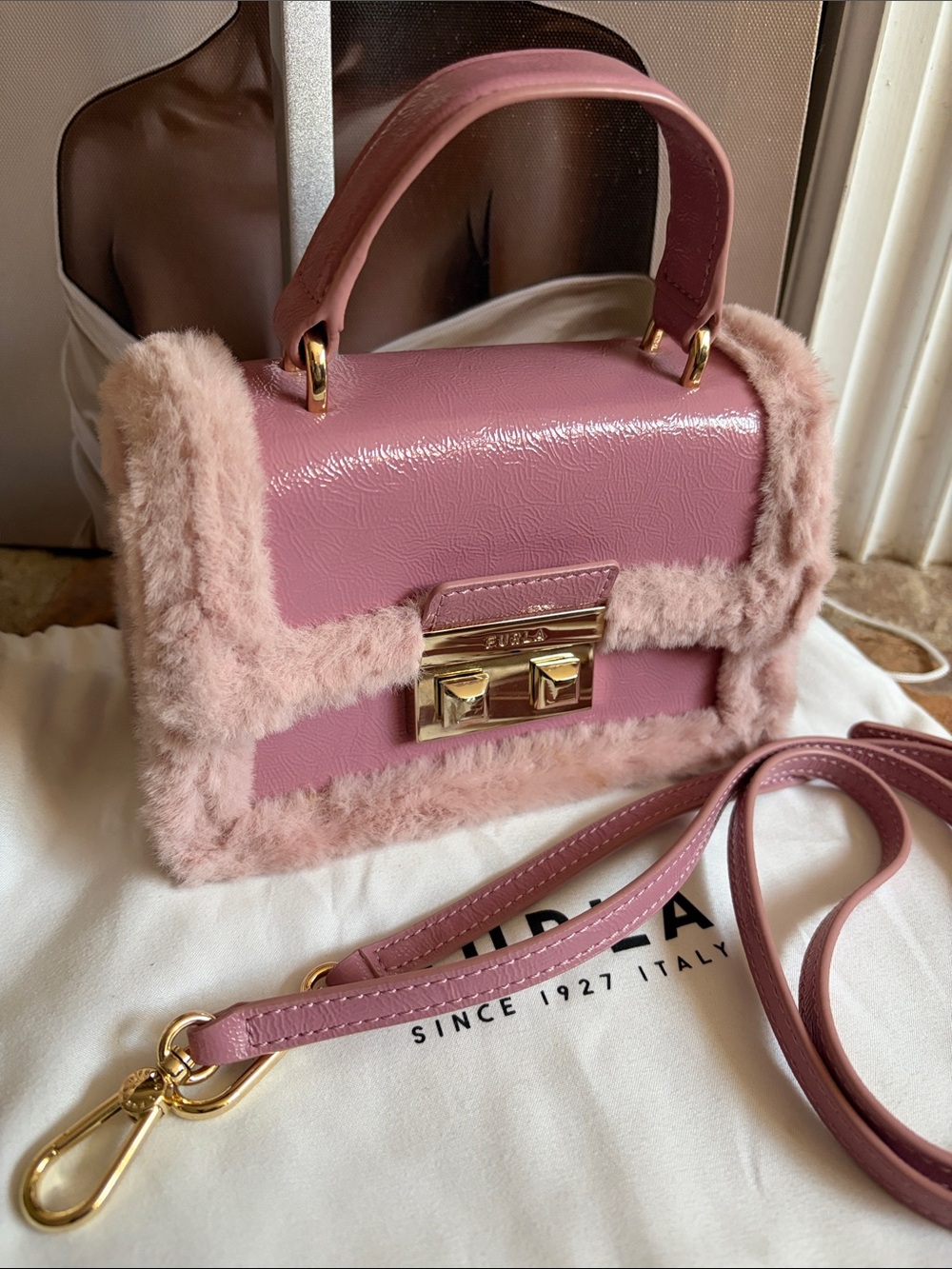 Furla Pink Faux Fur Trim Satchel - Picture 7 of 10